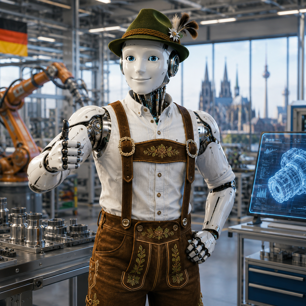 Sympathischer Roboter in Lederhosen in einer modernen Produktionsumgebung